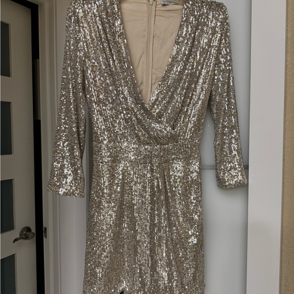 Ramy Brook Gold Sheath Dress with Plunge Neckline and 3/4 Sleeves - Picture 1 of 4
